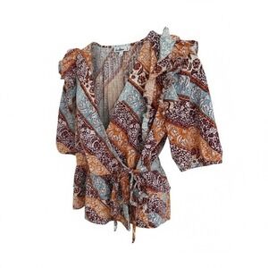 Sam Edelman 100% Cotton Bohemian Floral Wrap Top - Multicolor